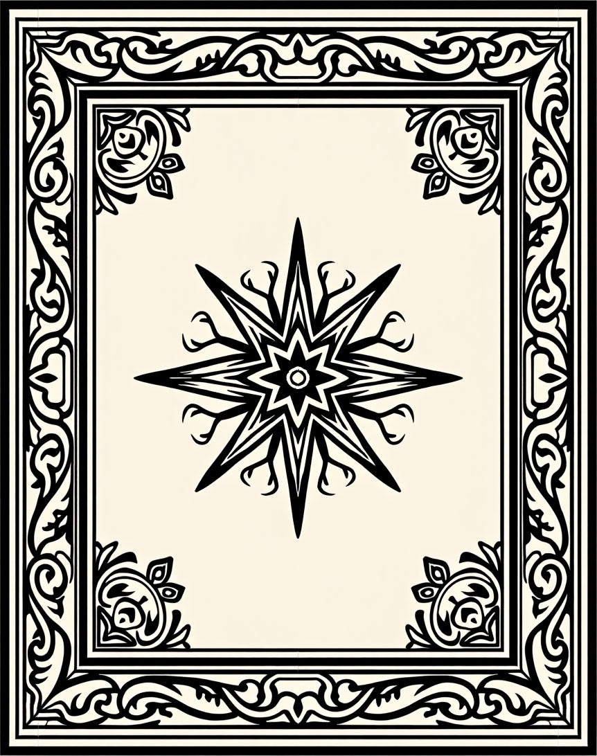 Black Ornate Border Starburst Rug