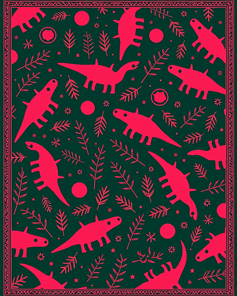 Pink Dinosaurs and Ferns on Dark Green Rug