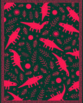 Pink Dinosaurs and Ferns on Dark Green Rug