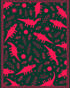 Pink Dinosaurs and Ferns on Dark Green Rug