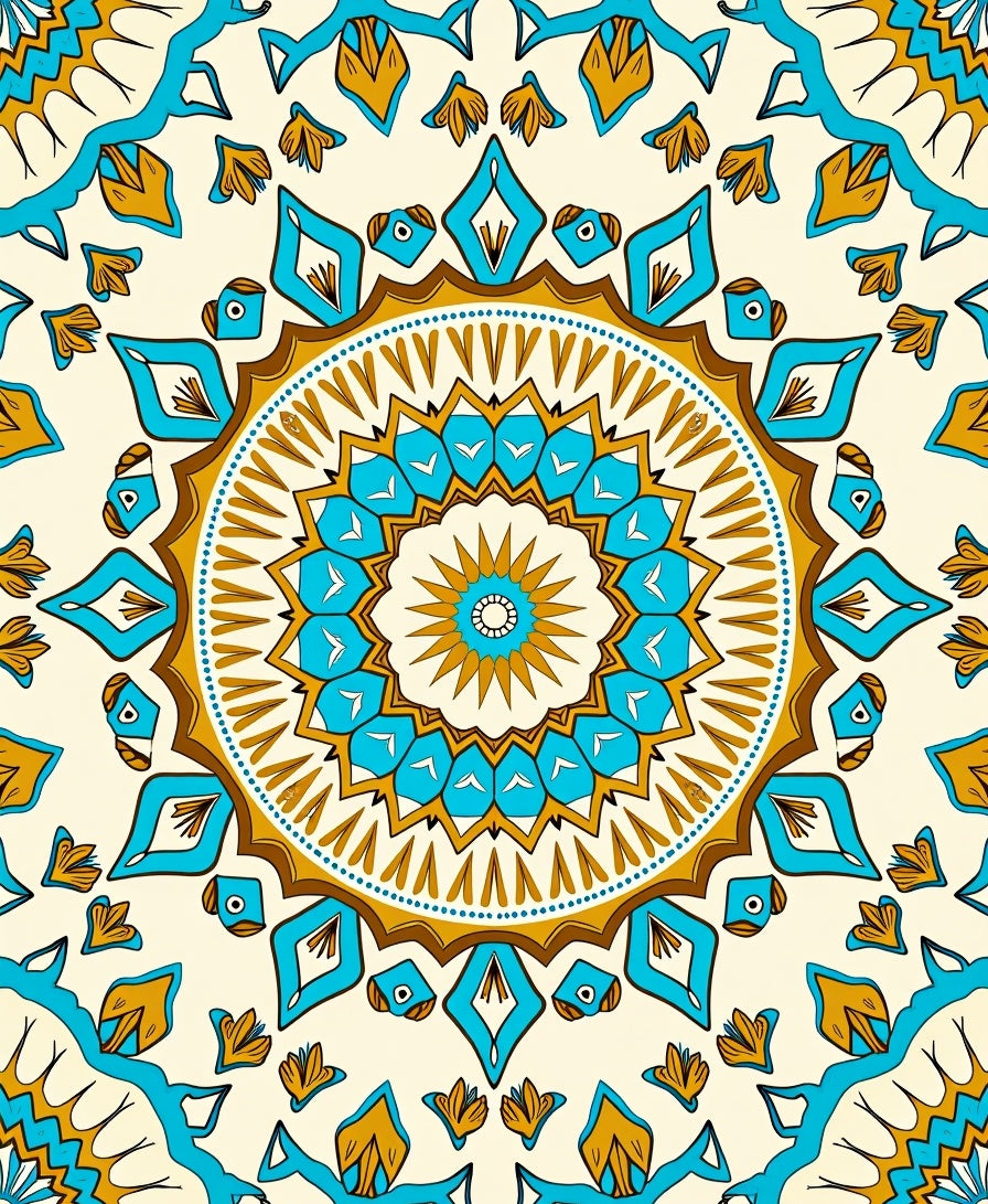 Golden Turquoise Medallion Mandala Rug