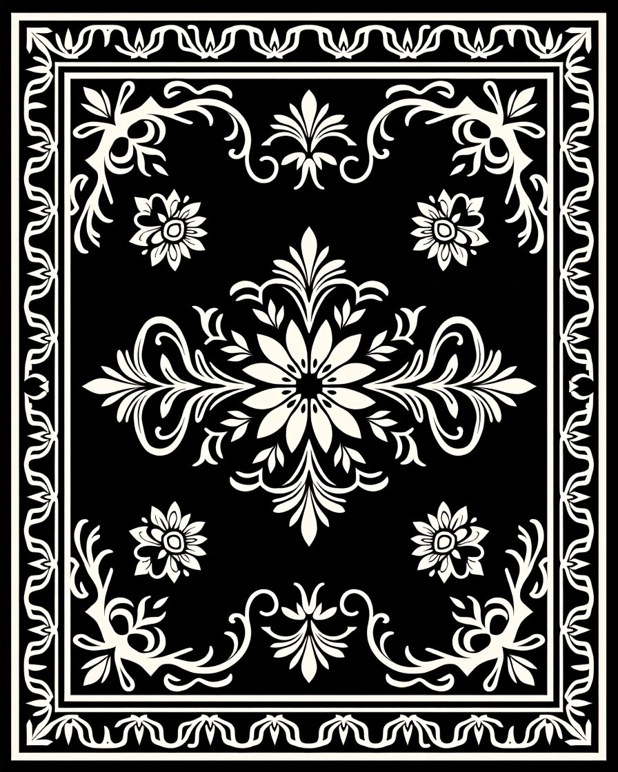 Black and White Floral Medallion Border Rug