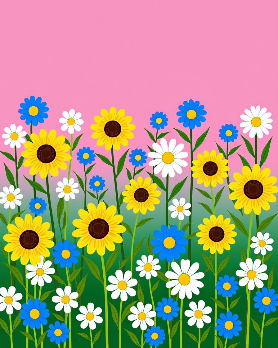 Vibrant Yellow Sunflowers Blue Daisies Field Rug