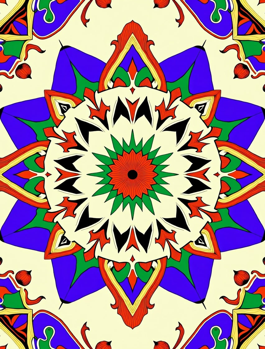 Vibrant Red Sunburst Geometric Medallion Rug