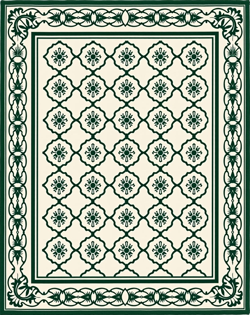 Emerald Green Floral Medallion Lattice Rug