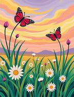Crimson Butterflies Amidst Daisy Meadow Rug