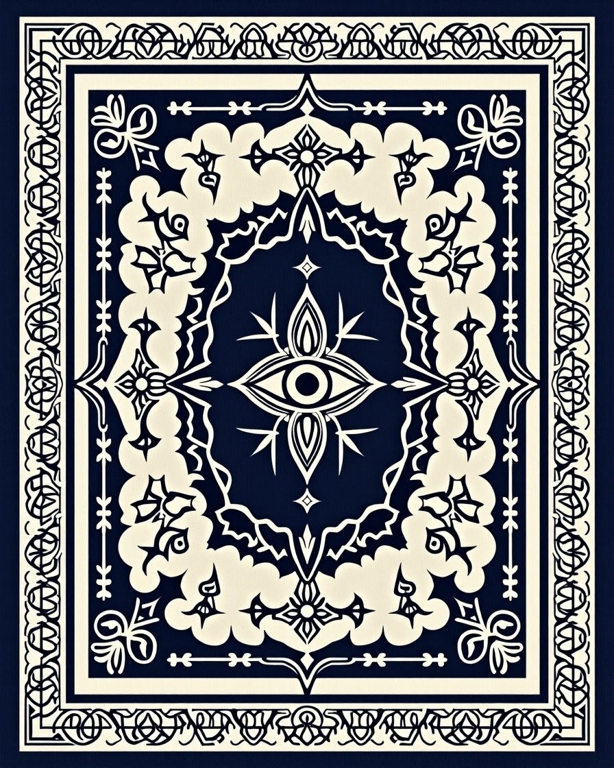 Dark Navy Cream Eye Mandala Border Rug