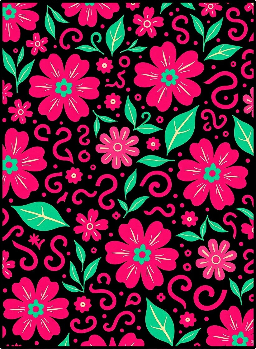 Bold Pink Floral Swirls on Black Rug