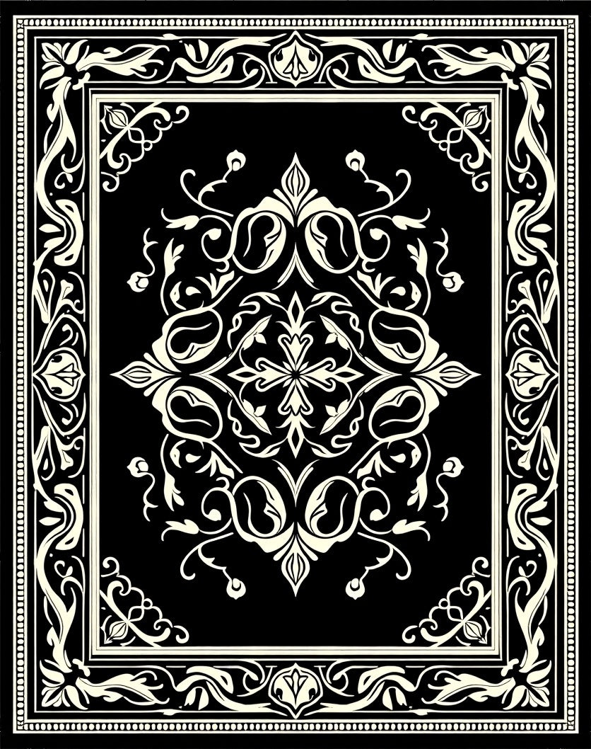 Black Cream Ornate Scrollwork Medallion Rug