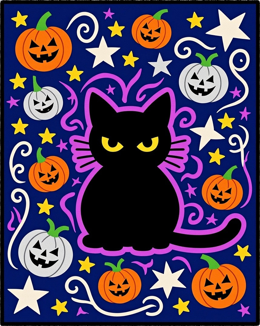 Black Cat Halloween Pumpkins Stars Rug