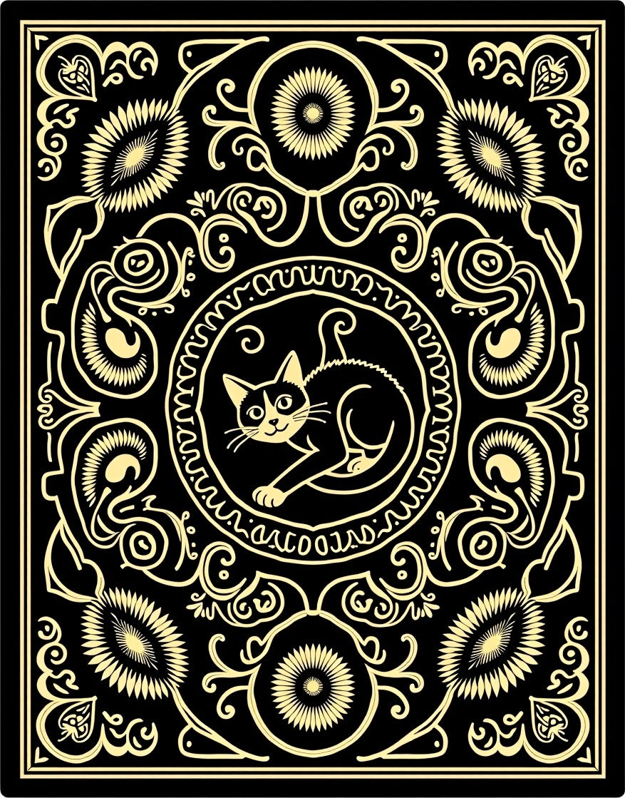 Black Gold Whimsical Cat Medallion Rug