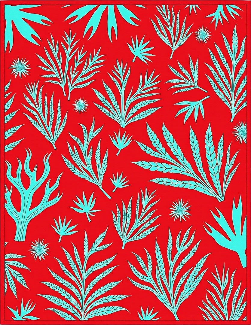 Crimson Aqua Tropical Foliage Rug