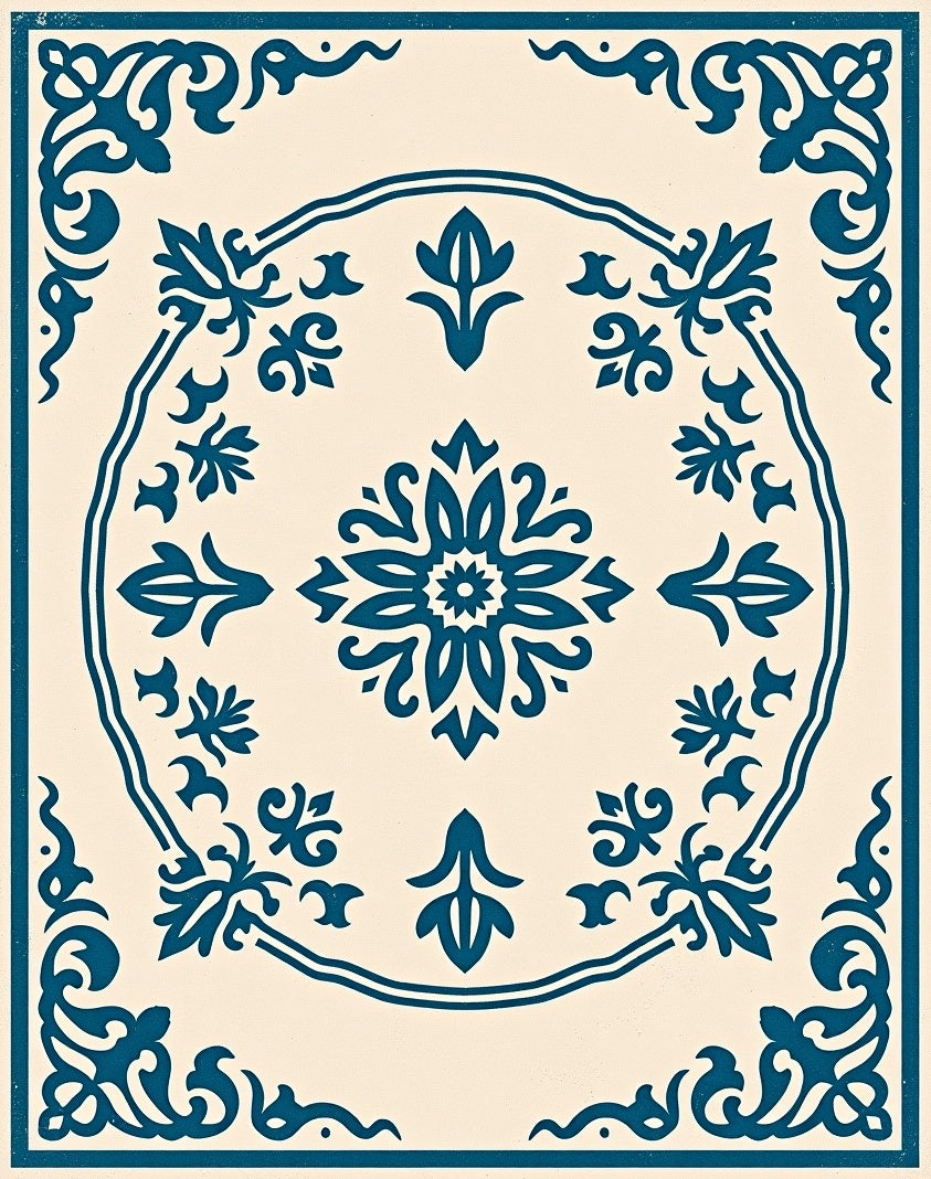 Teal Floral Medallion Cream Background Rug