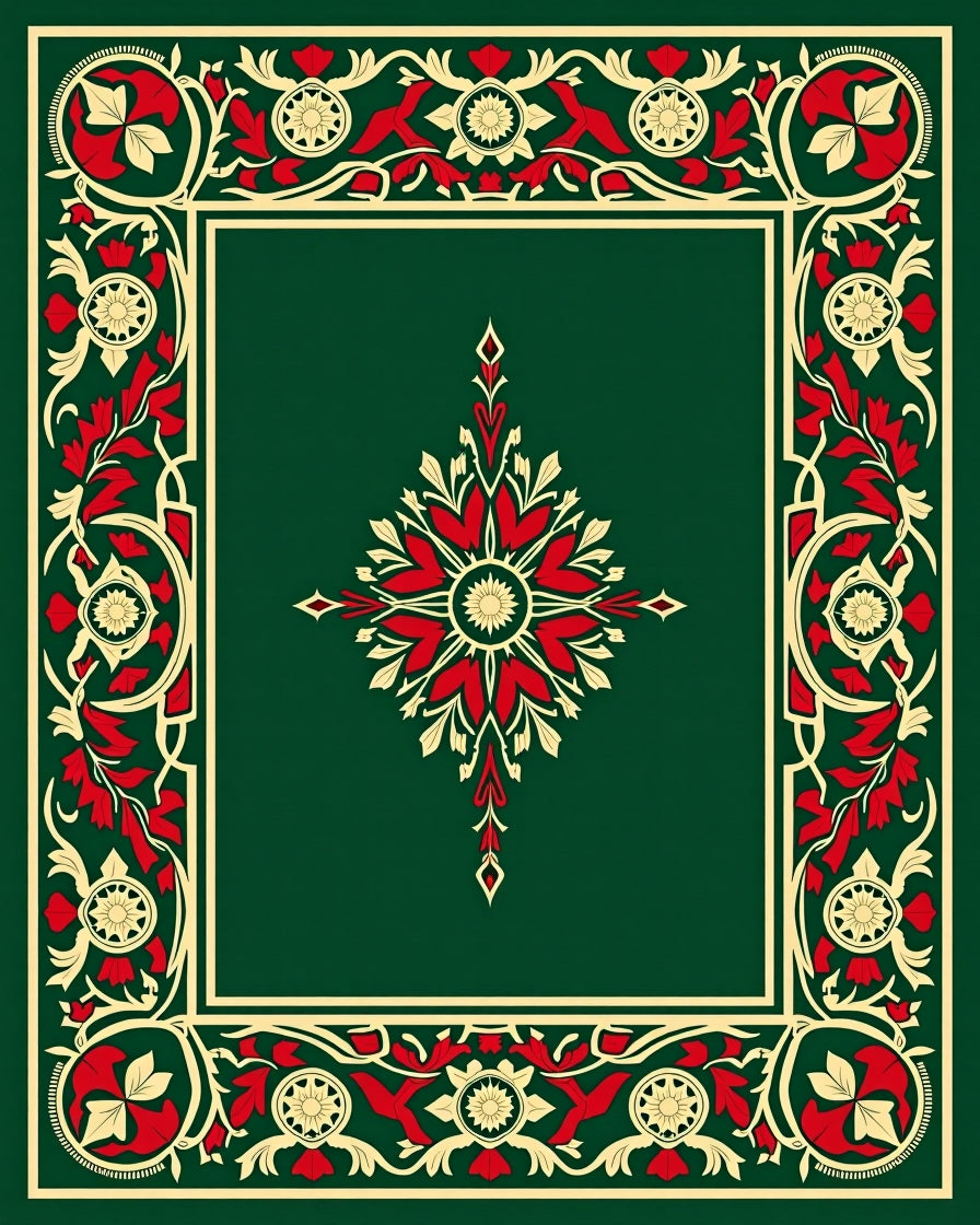 Emerald Red Floral Scroll Border Rug
