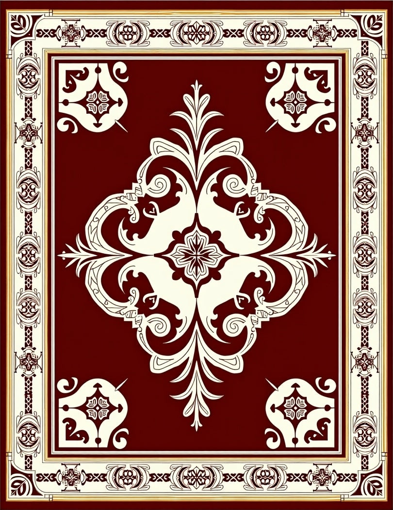 Crimson Ivory Filigree Scroll Border Rug