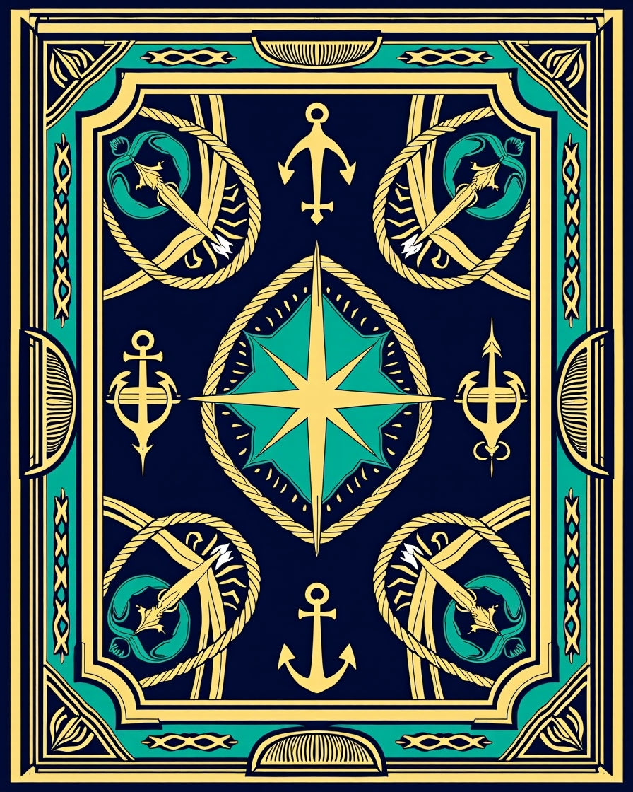 Nautical Navy Gold Teal Compass Rose Rug