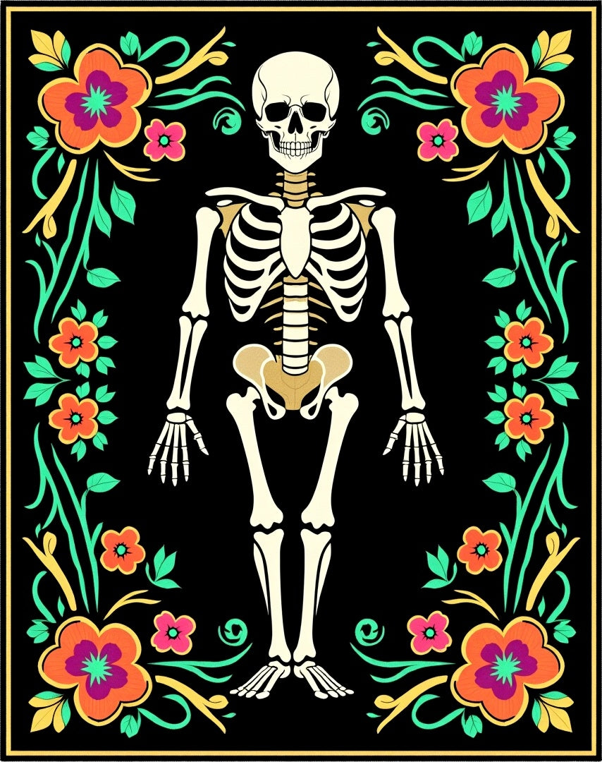 Black Skeleton Floral Frame Rug