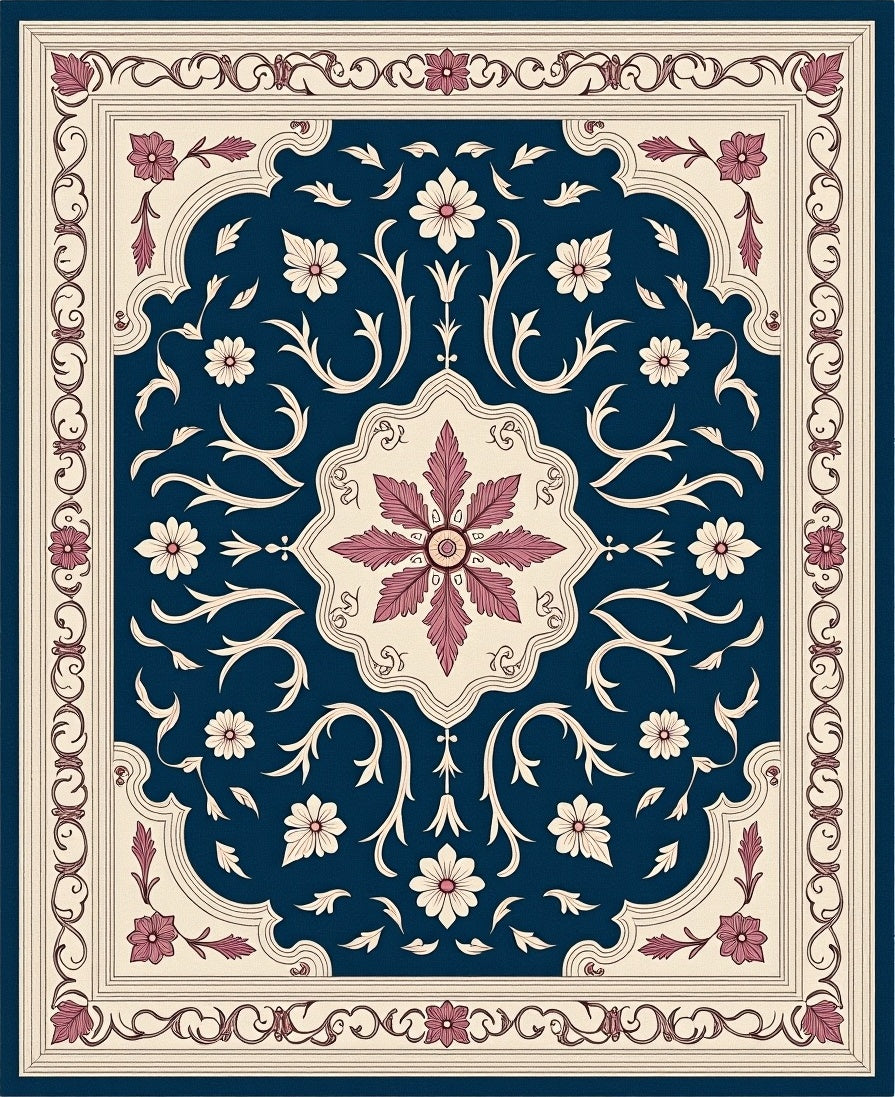 Deep Blue Floral Medallion Scrollwork Rug