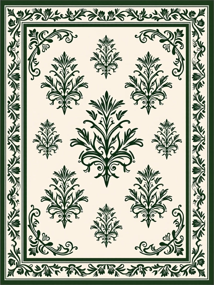 Dark Green Scrolling Floral Damask Field Rug
