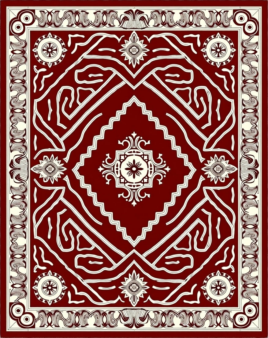 Deep Red Geometric Medallion Rug