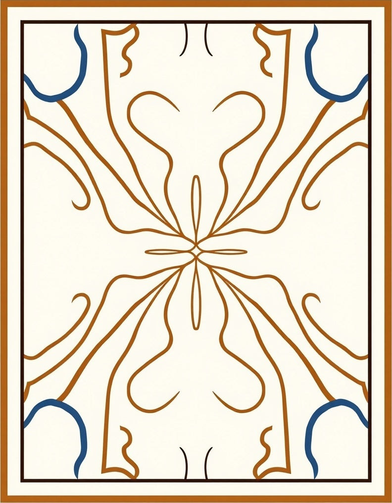 Cream Brown Blue Symmetrical Floral Vine Rug