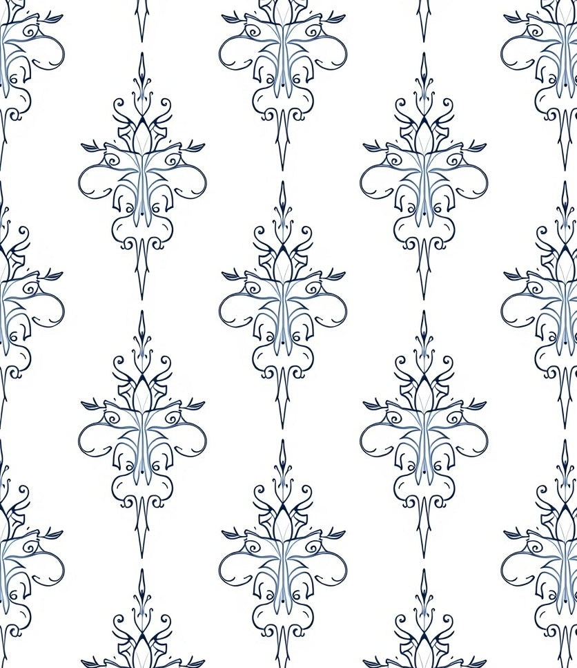 Ornate Blue Scrollwork Damask Rug