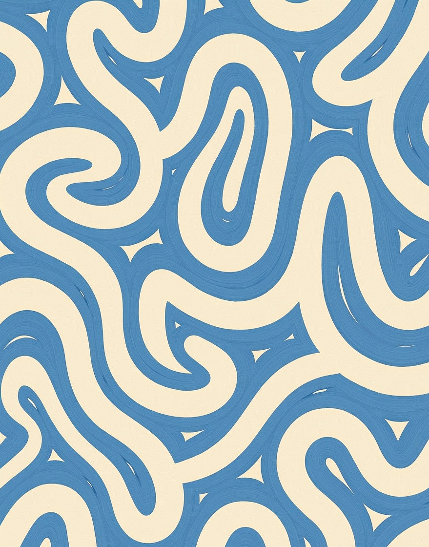 Blue Cream Swirling Abstract Wavy Lines Rug