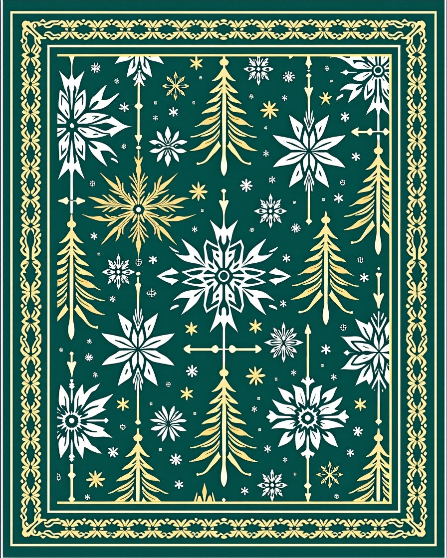Festive Snowflakes Trees Green Gold Border Rug