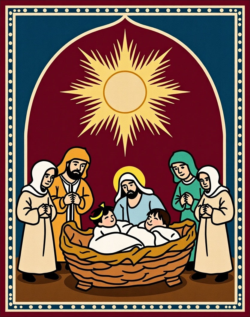 Crimson Nativity Scene Sun Rays Rug