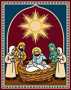 Crimson Nativity Scene Sun Rays Rug