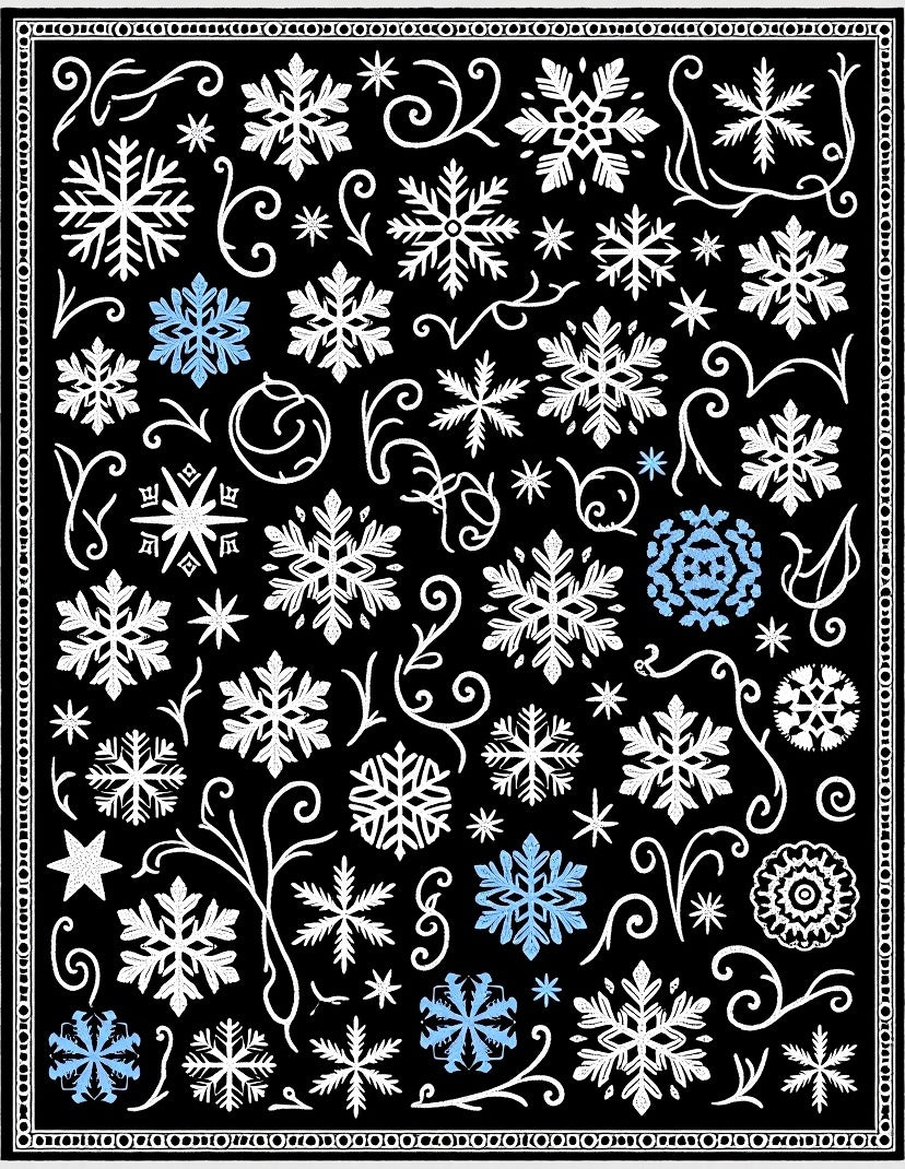 Black White Blue Snowflakes Scrollwork Rug