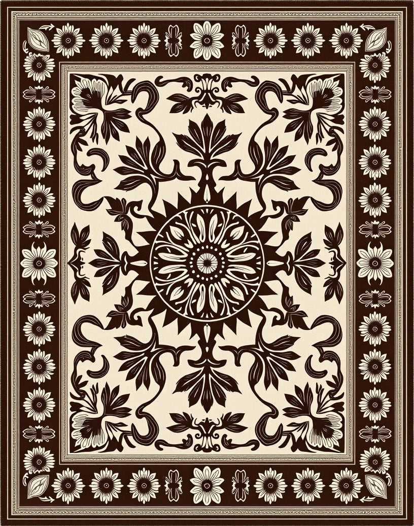 Dark Brown Cream Floral Medallion Border Rug