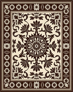 Dark Brown Cream Floral Medallion Border Rug