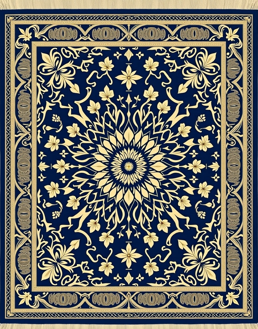 Navy Gold Floral Mandala Tassel Rug