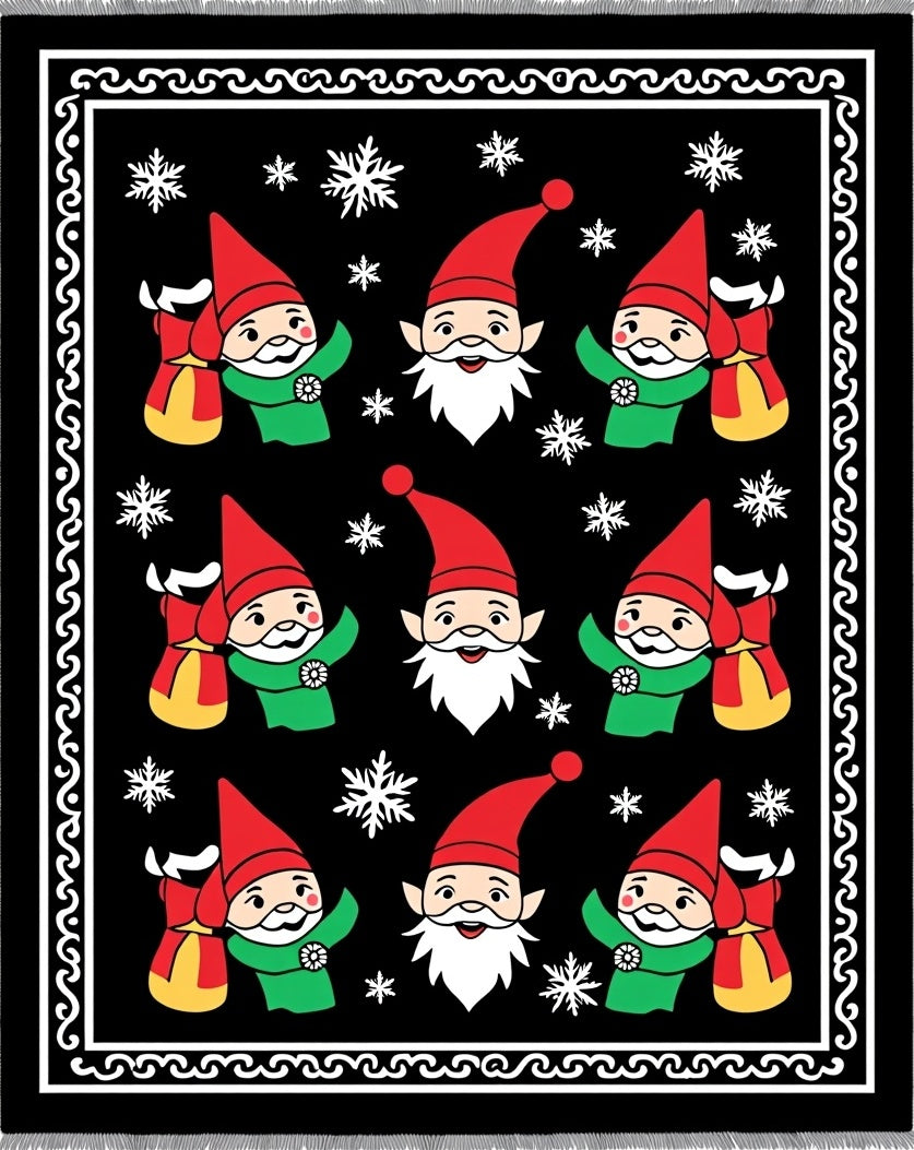 Festive Gnome Christmas Snowflakes Black Rug