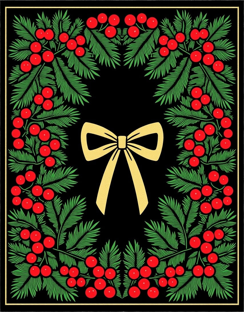 Golden Bow Red Berry Evergreen Wreath Rug