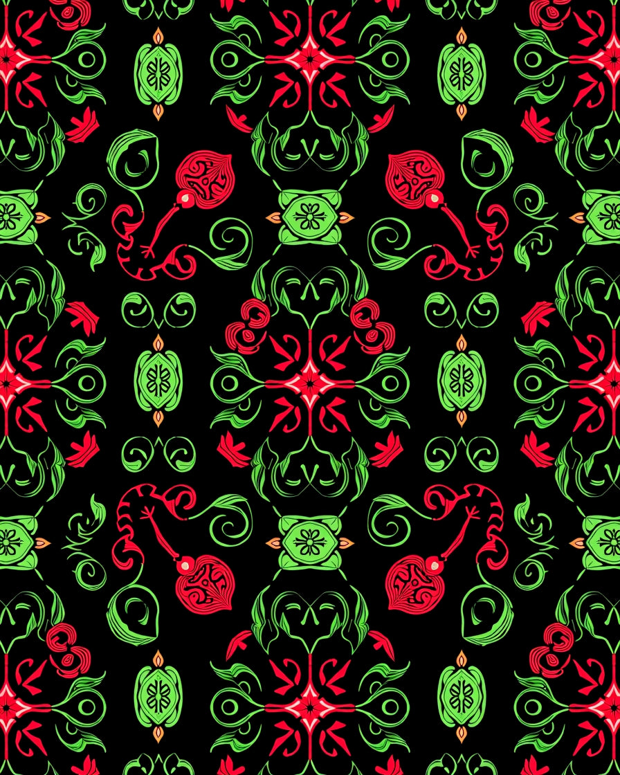 Vibrant Red Green Floral Swirls Rug