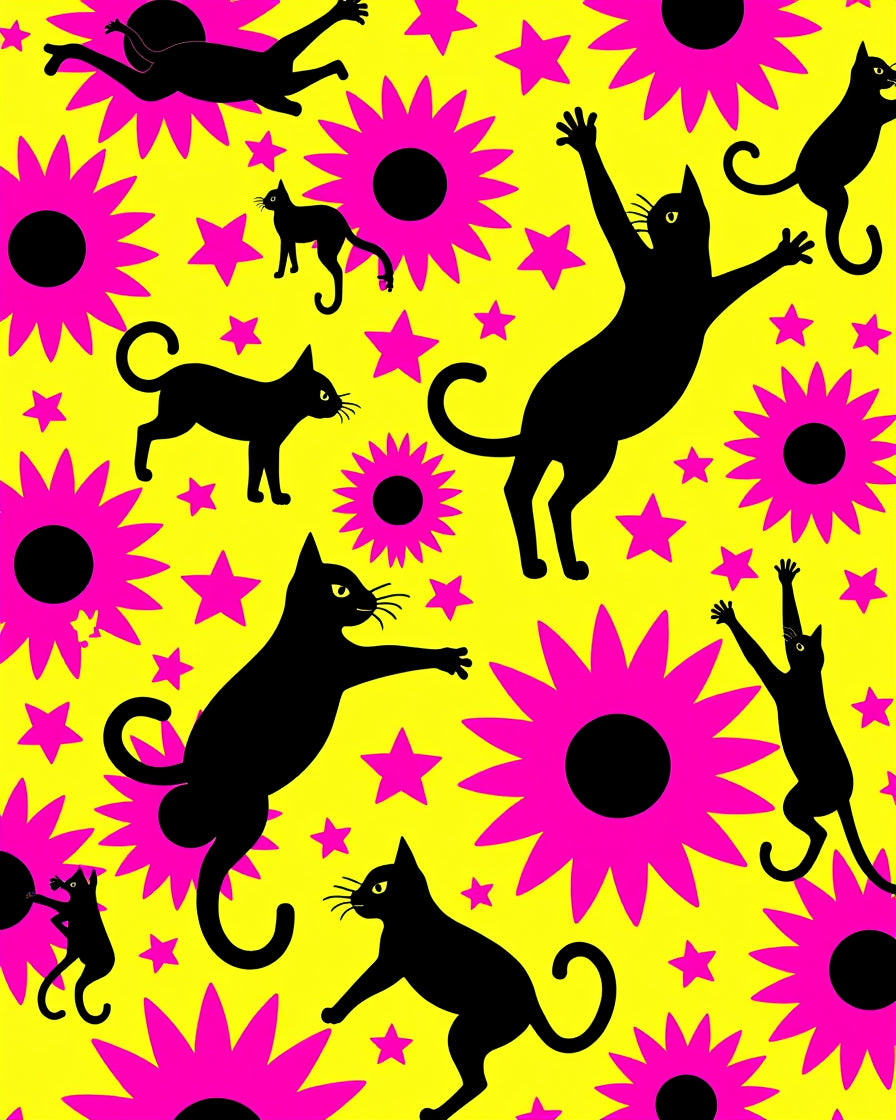 Vibrant Yellow Black Cat Floral Rug