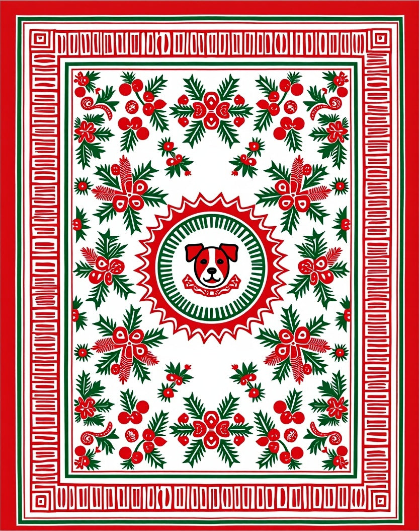 Red Green Dog Floral Holly Border Rug