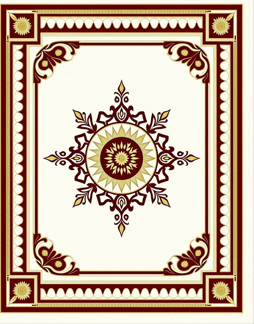 Crimson Gold Sunburst Mandala Frame Rug