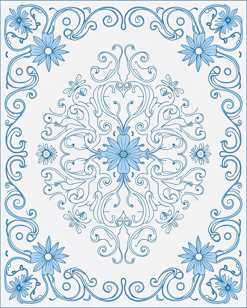 Blue Floral Swirl Medallion Rug