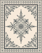 Ornate Floral Medallion Ivory Background Rug