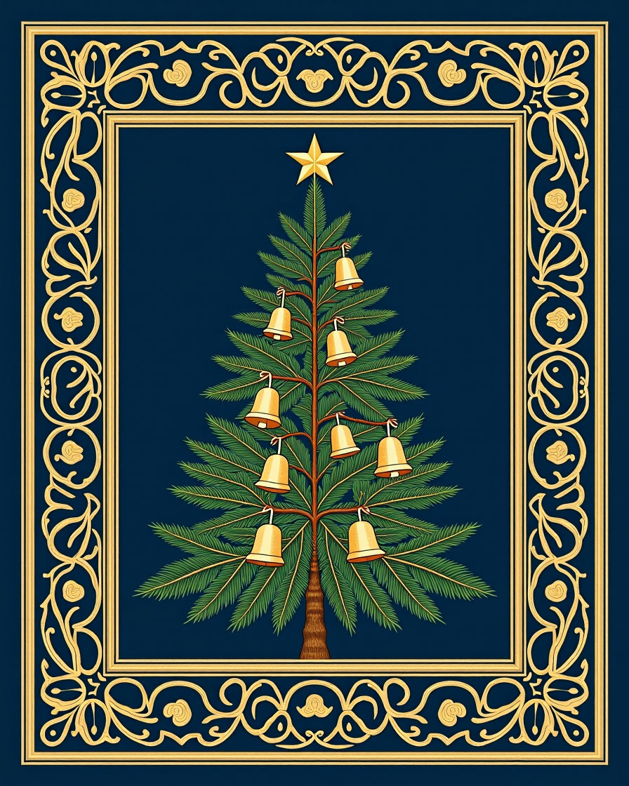 Ornate Gold Border Christmas Tree Rug