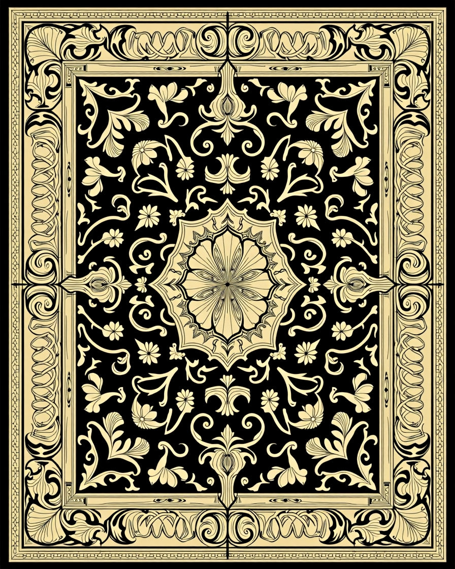 Black Cream Floral Medallion Art Nouveau Rug
