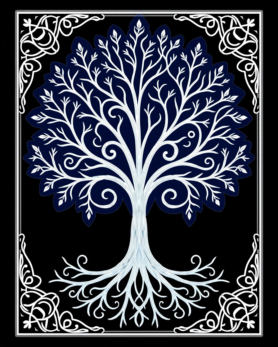 White Tree of Life Navy Border Rug
