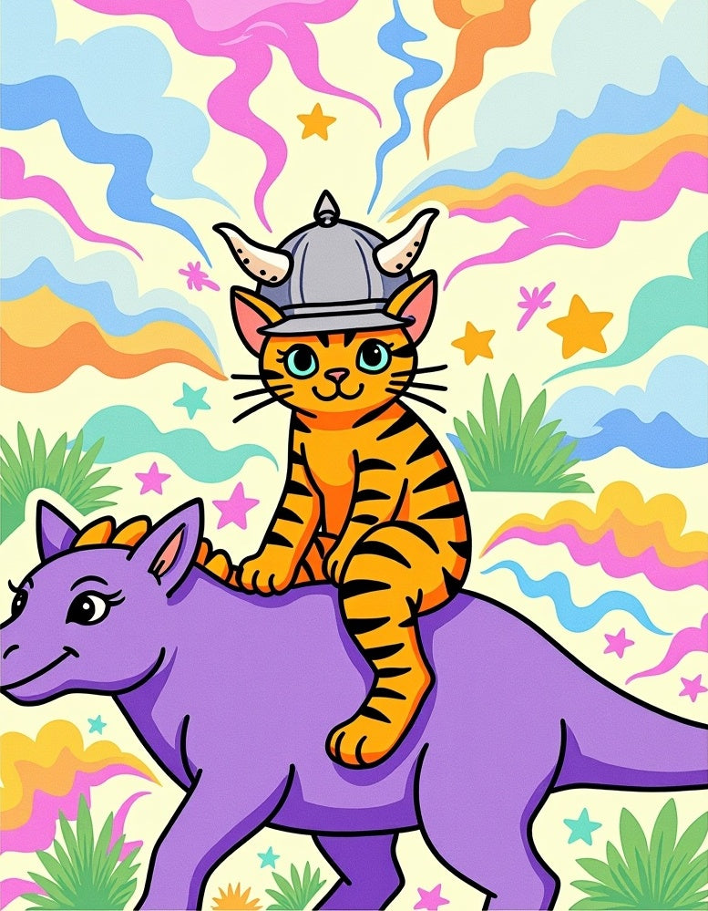 Groovy Orange Cat Viking Dinosaur Ride Rug