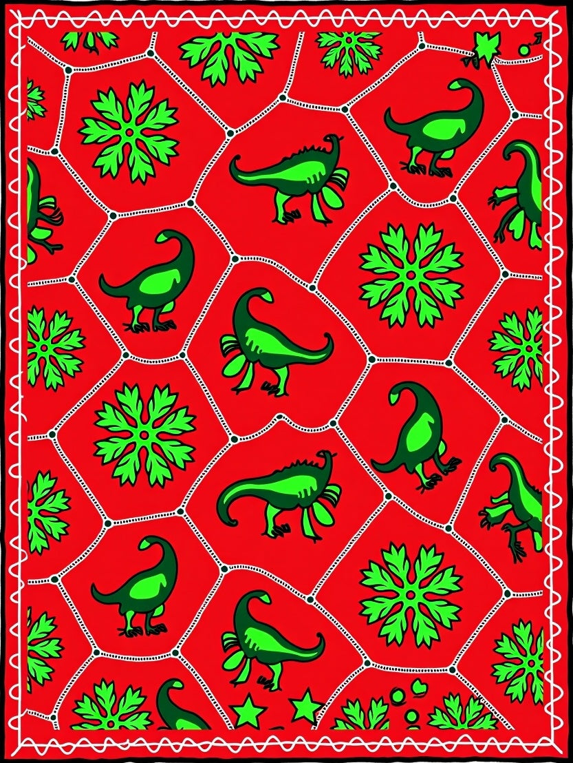 Green Dinosaur Red Floral Net Rug