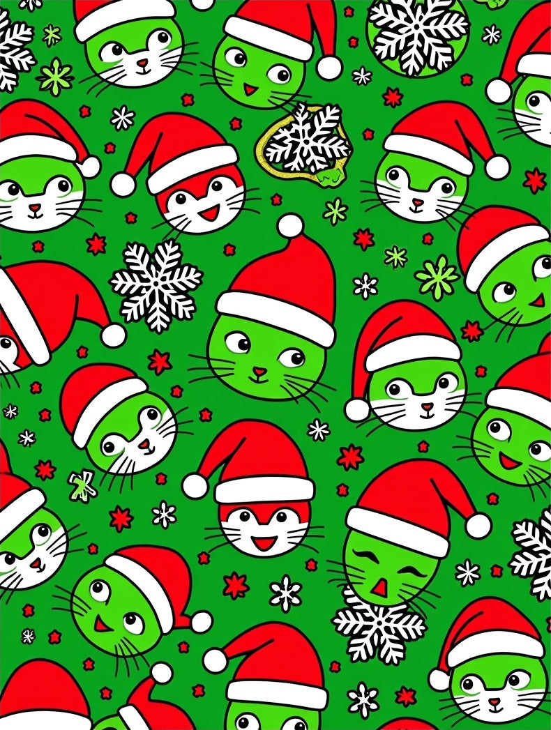 Green Christmas Cat Santa Hat Snowflakes Rug