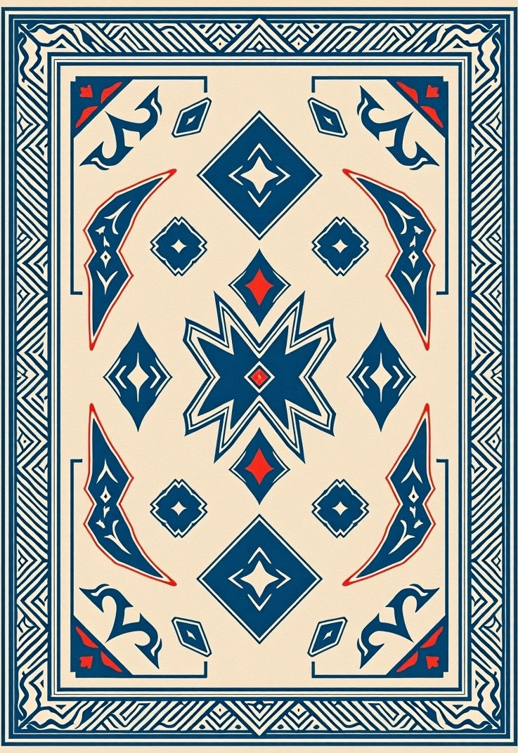 Cream Blue Starburst Diamond Border Rug