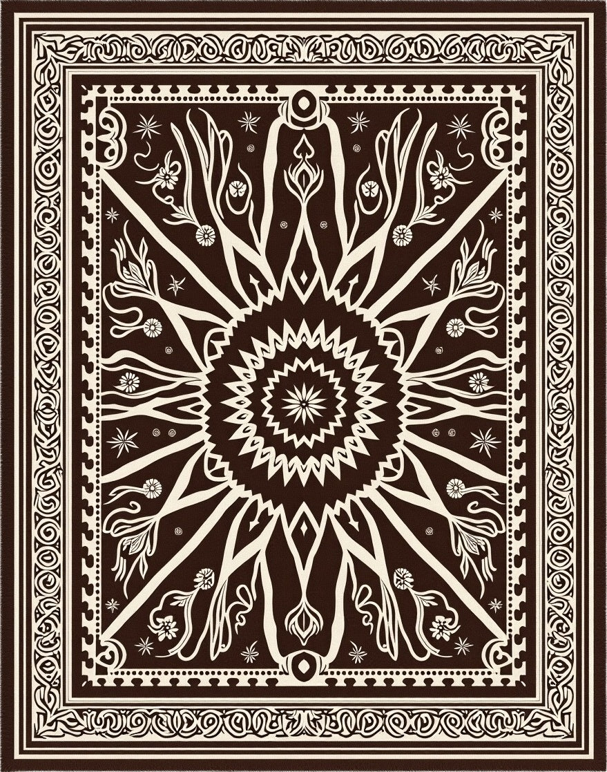 Dark Brown White Floral Sunburst Mandala Rug